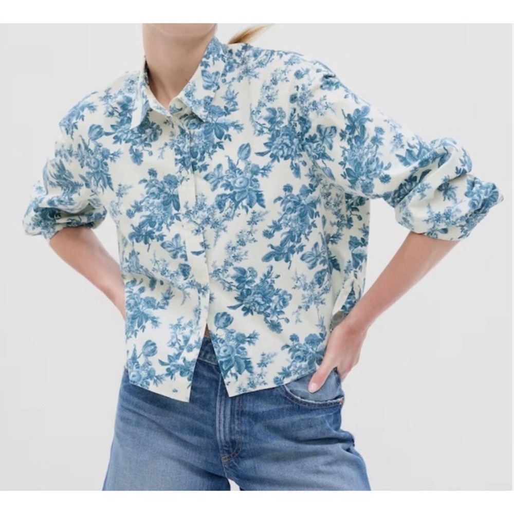 Gap LoveShackFancy Cropped Organic Cotton Shirt Blue White Floral Toile S French